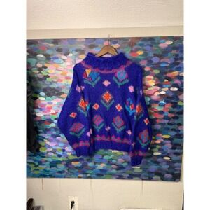Atlandia by Gendur Purple Mohair Wool Geometric Floral Turtleneck Sweater S M